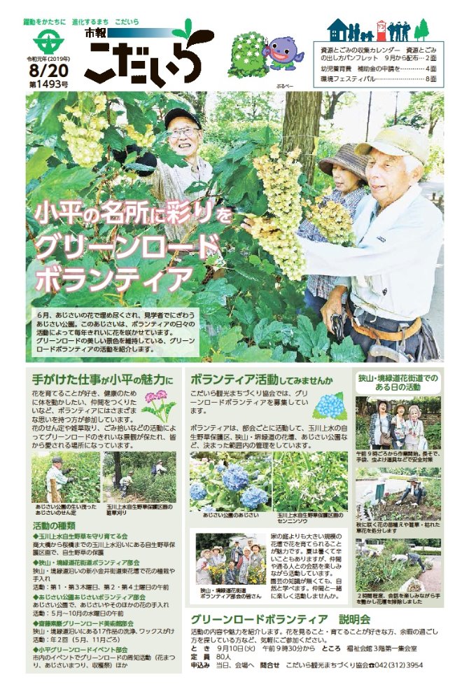 年配の男性二人と女性一人が、あじさいの花の手入れをしている写真が表紙の市報こだいら1面の画像